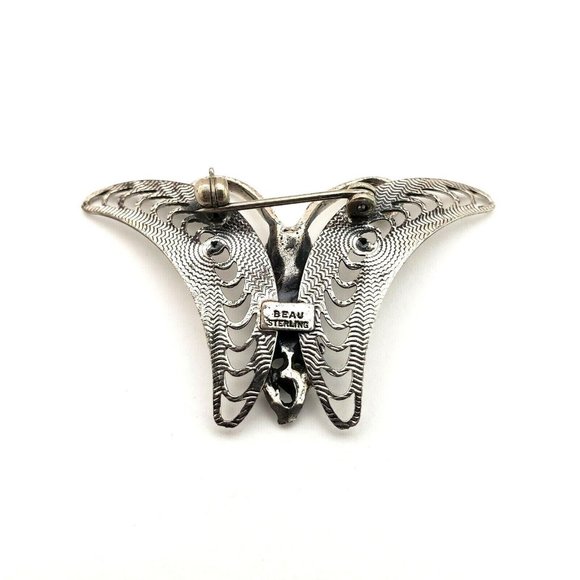 Beau Sterling Silver Flower Center Butterfly Brooch Pin Signed Vintage - Picture 11 of 12